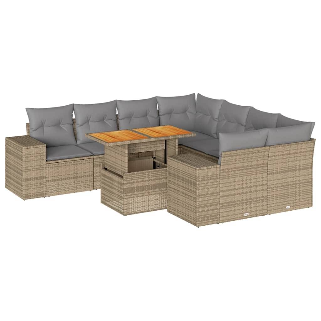 vidaXL 9-tlg. Garten-Sofagarnitur mit Kissen Beige Poly Rattan