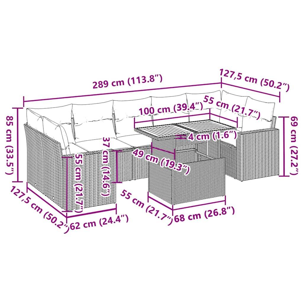 vidaXL 8-tlg. Garten-Sofagarnitur mit Kissen Schwarz Poly Rattan