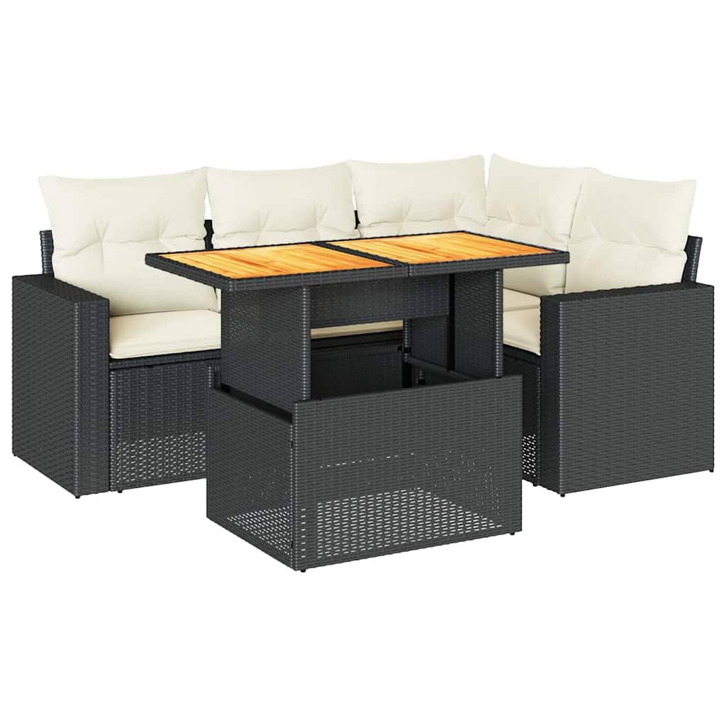 vidaXL 5-tlg. Garten-Sofagarnitur mit Kissen Schwarz Poly Rattan