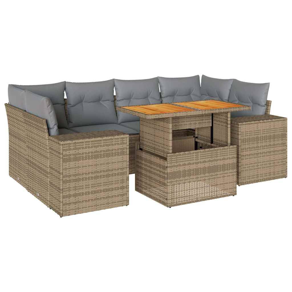 vidaXL 7-tlg. Garten-Sofagarnitur mit Kissen Beige Poly Rattan