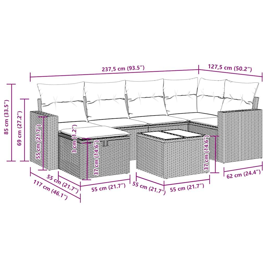vidaXL 7-tlg. Garten-Sofagarnitur mit Kissen Schwarz Poly Rattan
