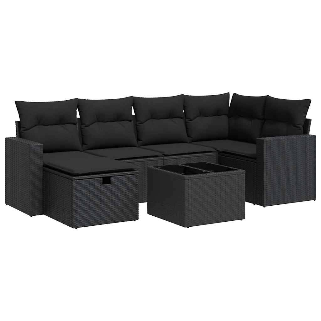 vidaXL 7-tlg. Garten-Sofagarnitur mit Kissen Schwarz Poly Rattan