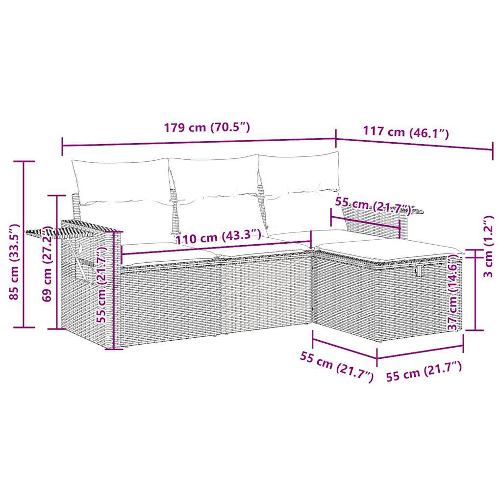 vidaXL 4-tlg. Garten-Sofagarnitur mit Kissen Beige Poly Rattan