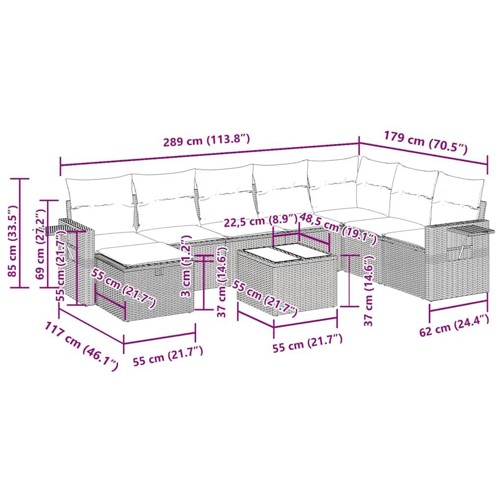 vidaXL 9-tlg. Garten-Sofagarnitur mit Kissen Grau Poly Rattan