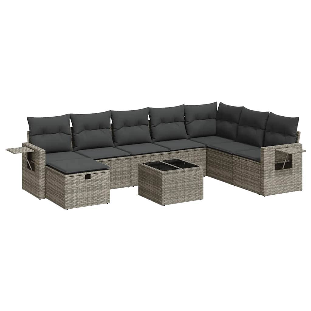 vidaXL 9-tlg. Garten-Sofagarnitur mit Kissen Grau Poly Rattan