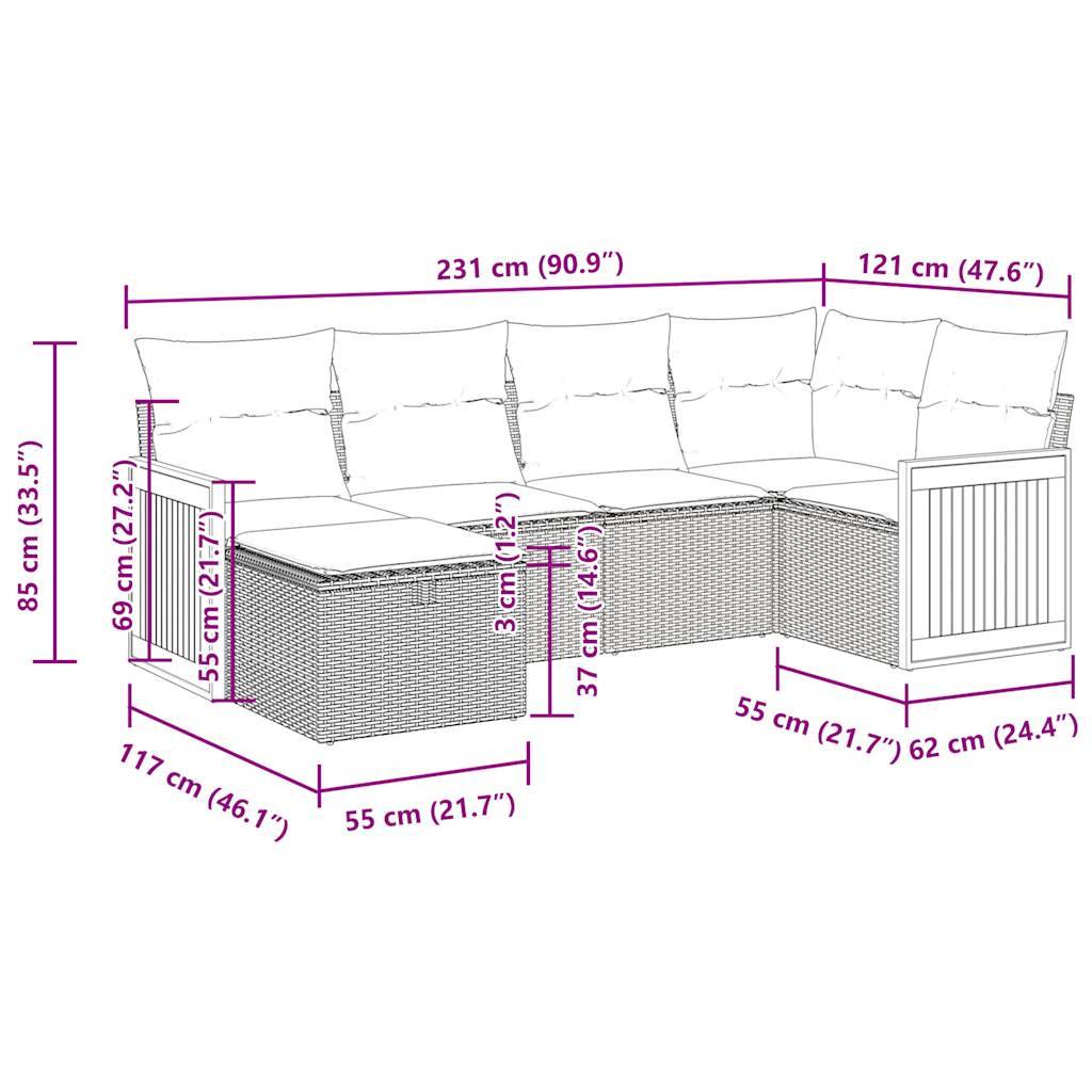 vidaXL 6-tlg. Garten-Sofagarnitur mit Kissen Beige Poly Rattan