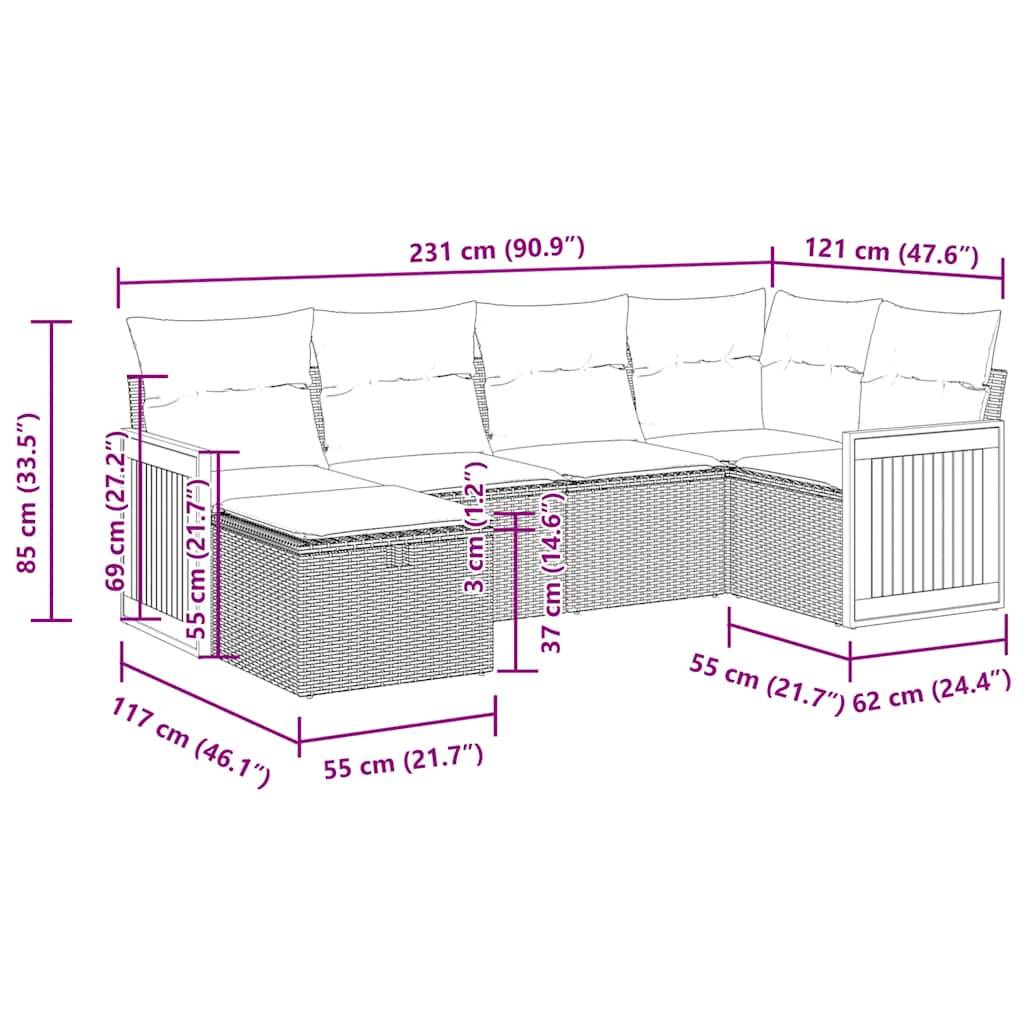 vidaXL 6-tlg. Garten-Sofagarnitur mit Kissen Beige Poly Rattan