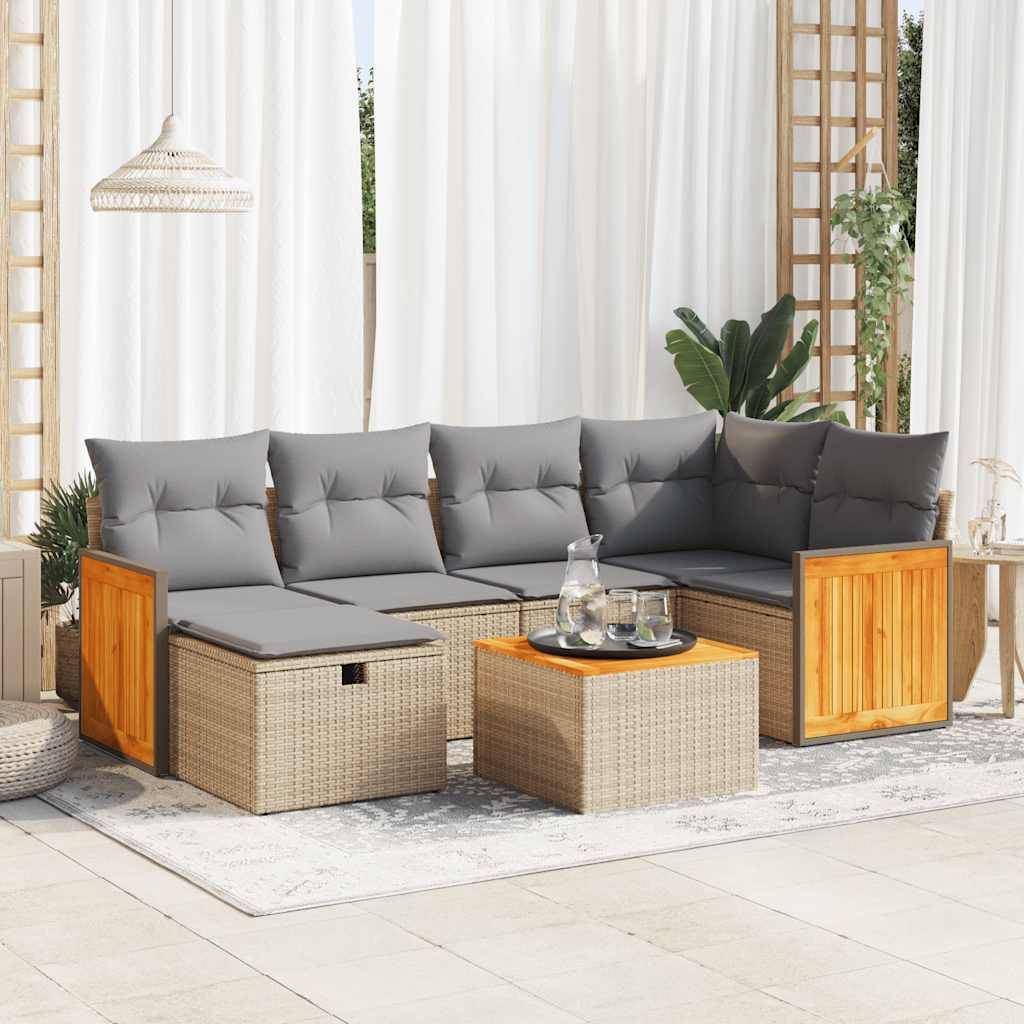 vidaXL 7-tlg. Garten-Sofagarnitur mit Kissen Beige Poly Rattan
