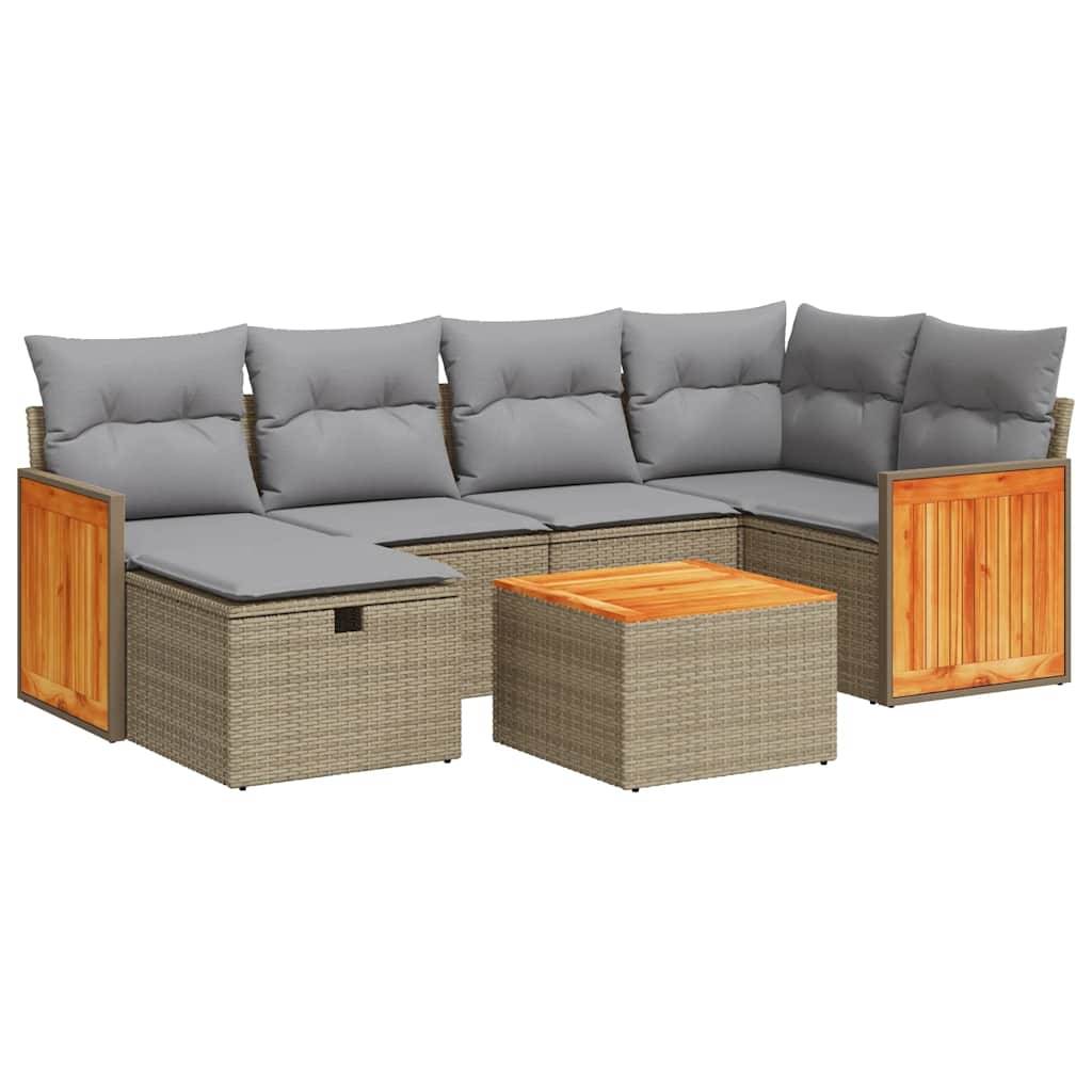 vidaXL 7-tlg. Garten-Sofagarnitur mit Kissen Beige Poly Rattan