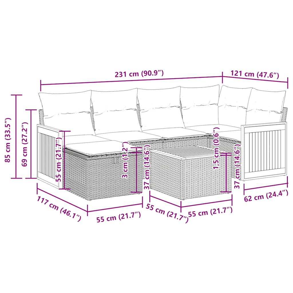vidaXL 7-tlg. Garten-Sofagarnitur mit Kissen Beige Poly Rattan