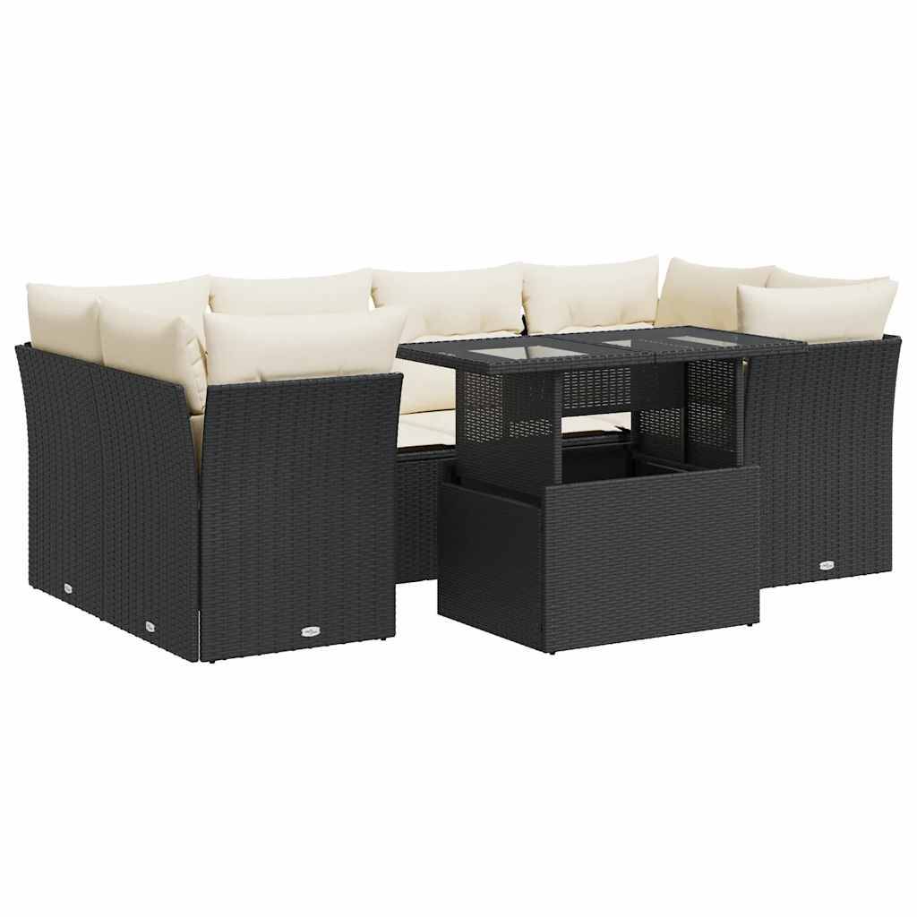 vidaXL 7-tlg. Garten-Sofagarnitur mit Kissen Schwarz Poly Rattan