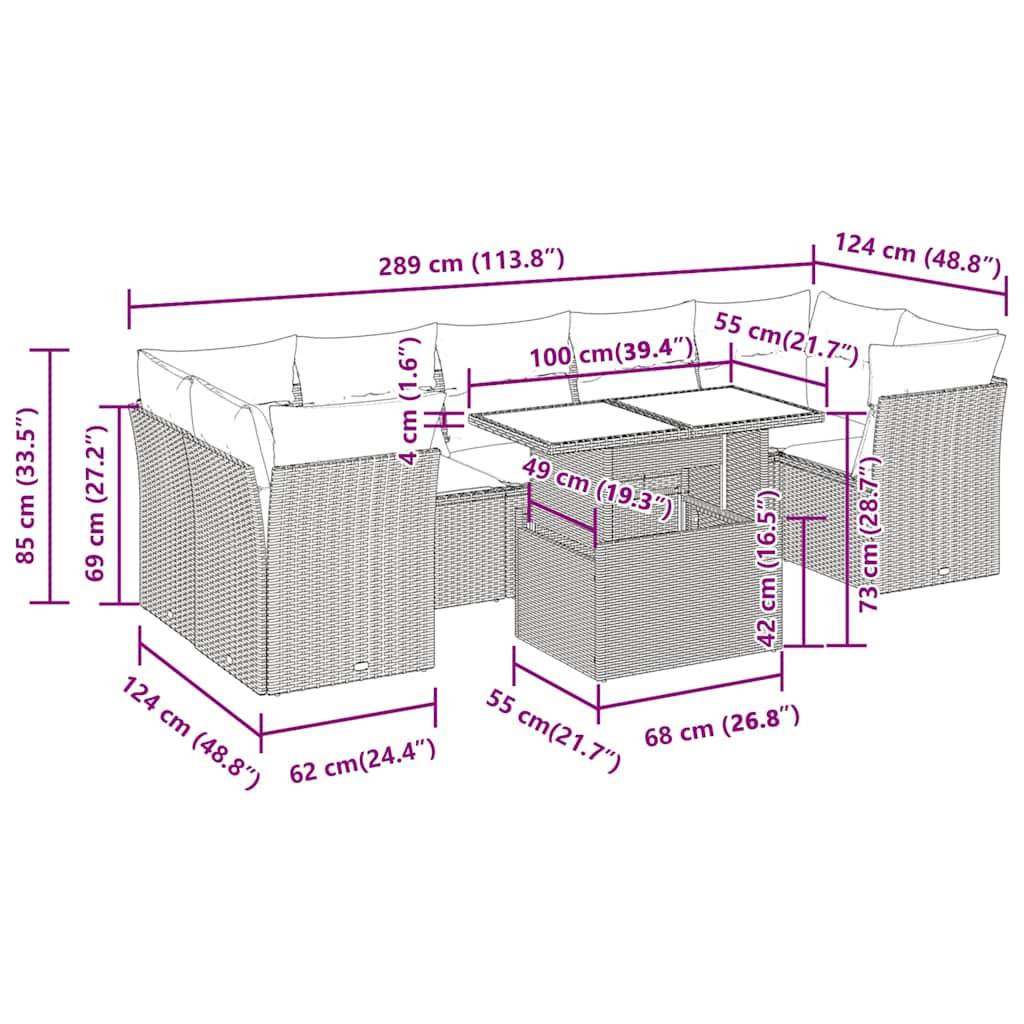 vidaXL 8-tlg. Garten-Sofagarnitur mit Kissen Braun Poly Rattan
