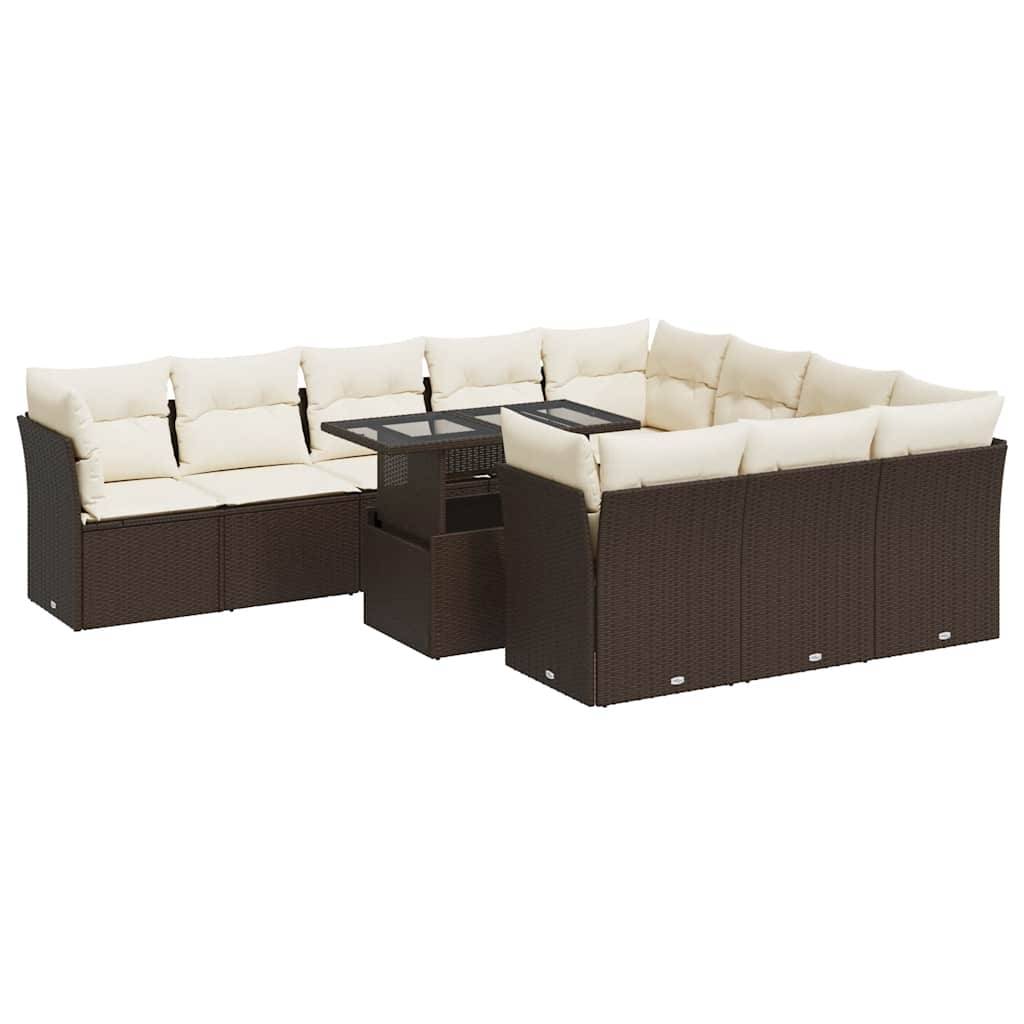 vidaXL 11-tlg. Garten-Sofagarnitur mit Kissen Braun Poly Rattan