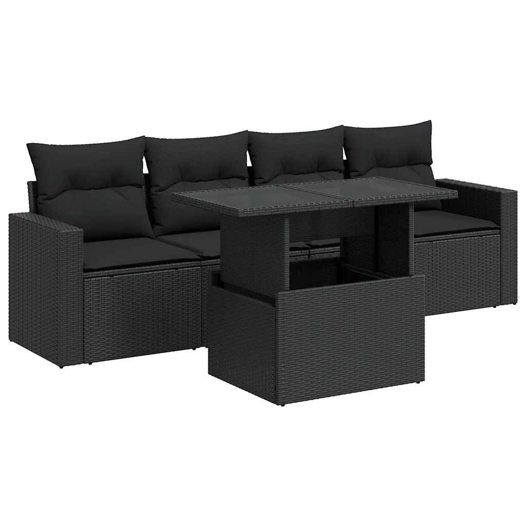 vidaXL 5-tlg. Garten-Sofagarnitur mit Kissen Schwarz Poly Rattan