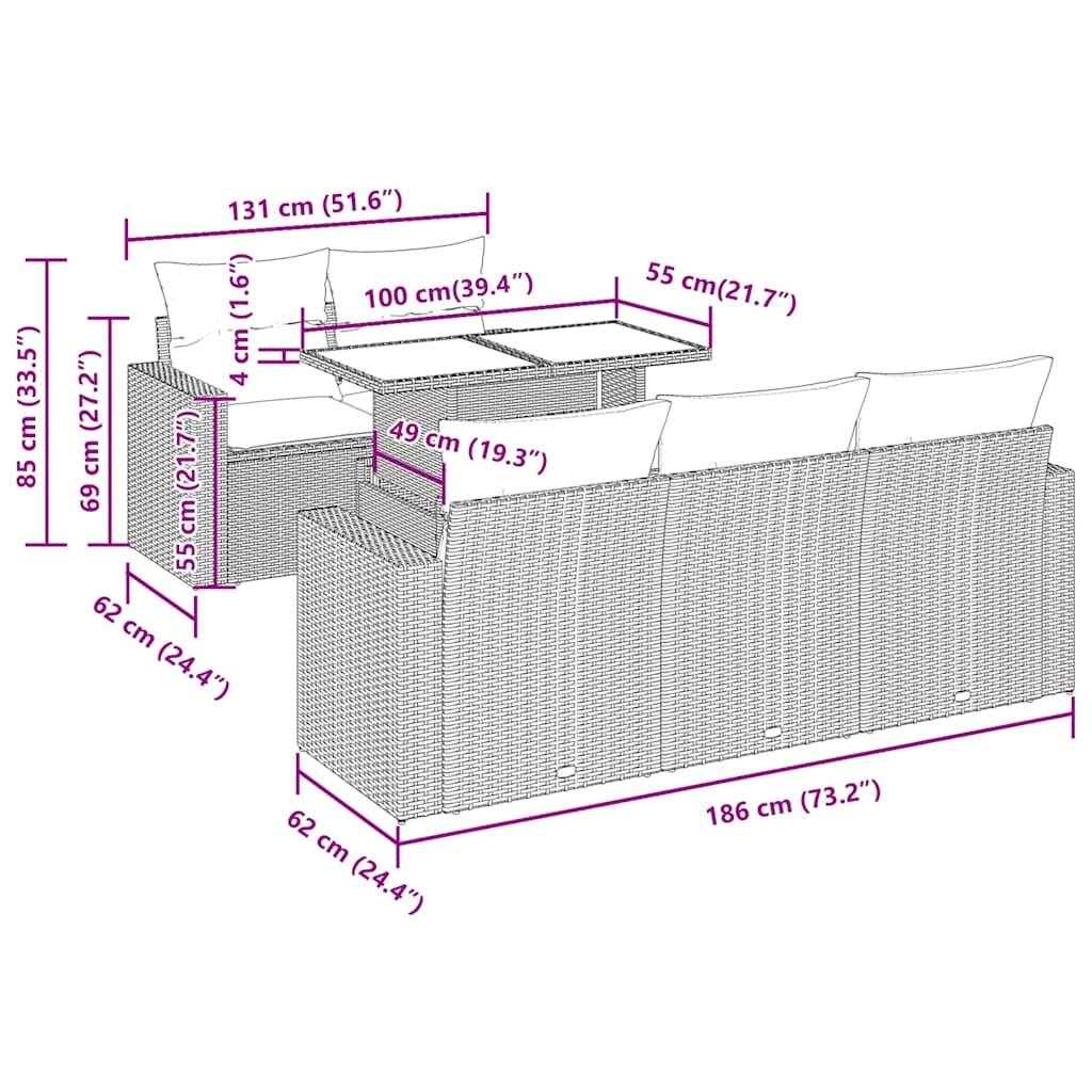 vidaXL 7-tlg. Garten-Sofagarnitur mit Kissen Schwarz Poly Rattan