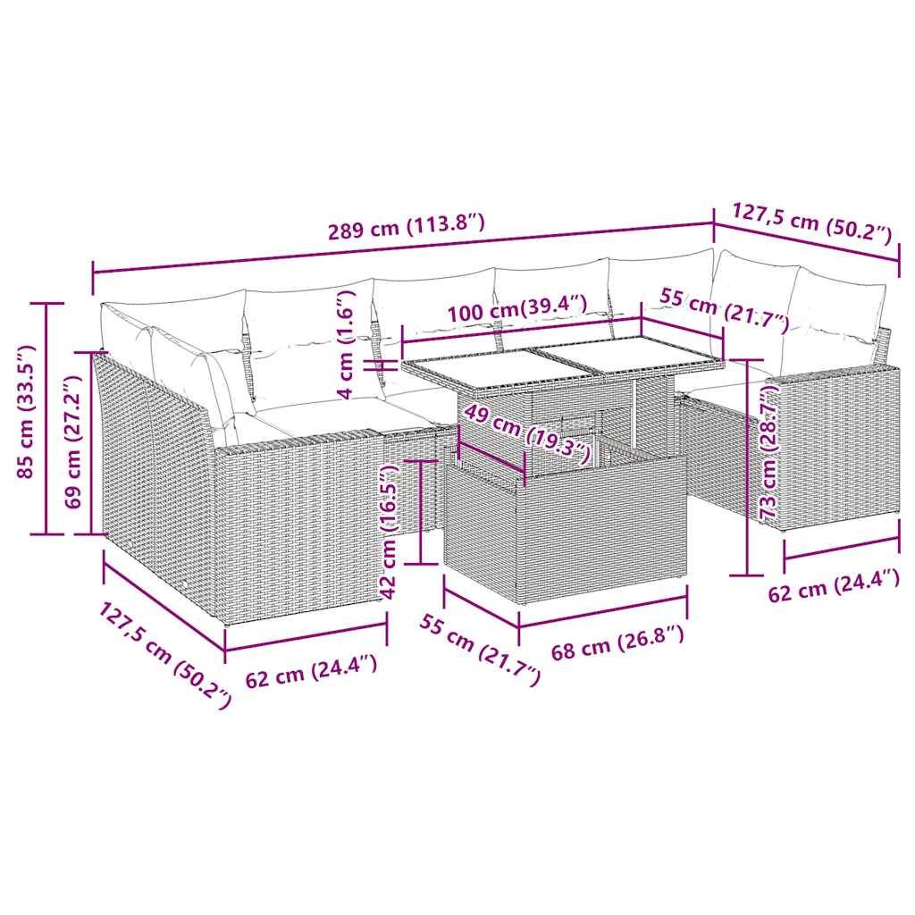 vidaXL 8-tlg. Garten-Sofagarnitur mit Kissen Grau Poly Rattan