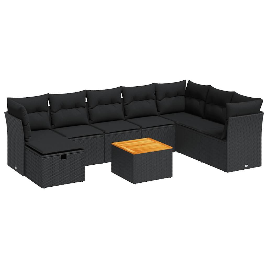 vidaXL 9-tlg. Garten-Sofagarnitur mit Kissen Schwarz Poly Rattan
