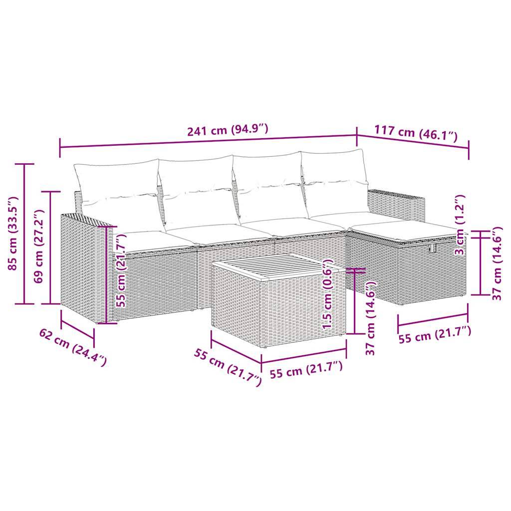 vidaXL 6-tlg. Garten-Sofagarnitur mit Kissen Schwarz Poly Rattan