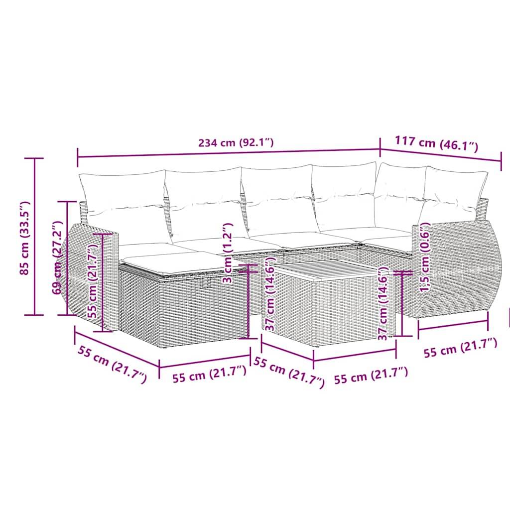 vidaXL 7-tlg. Garten-Sofagarnitur mit Kissen Schwarz Poly Rattan