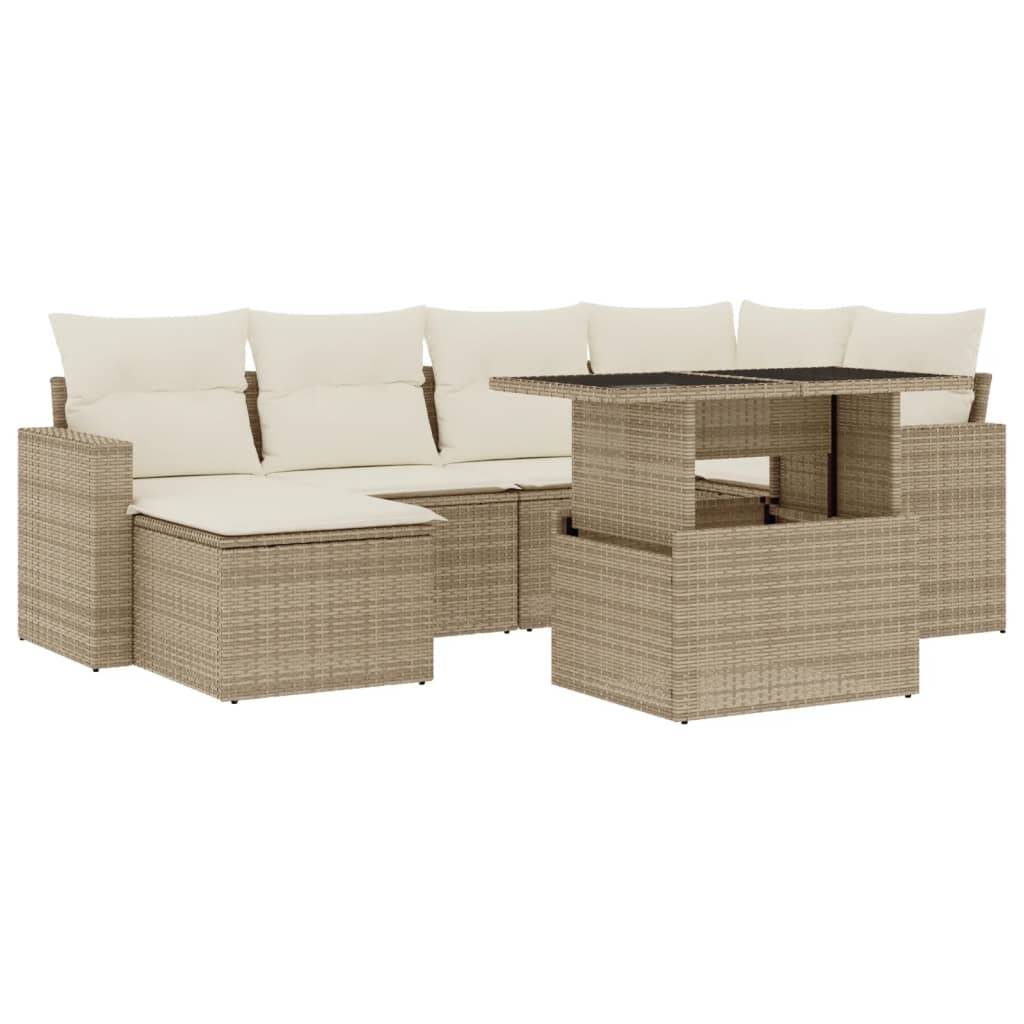 vidaXL 7-tlg. Garten-Sofagarnitur mit Kissen Beige Poly Rattan