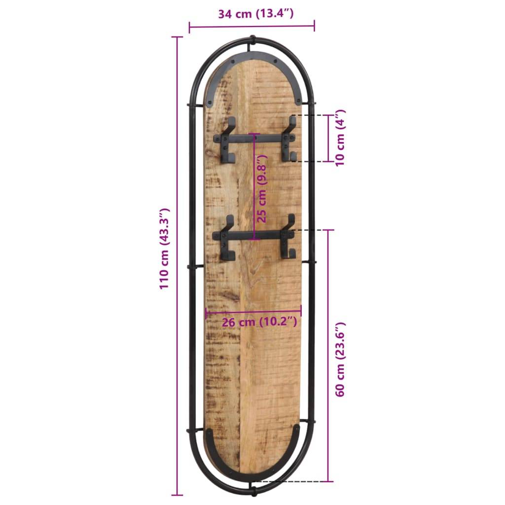 vidaXL Wandgarderoben mit 4 Haken 2 Stk. Raues Mangoholz