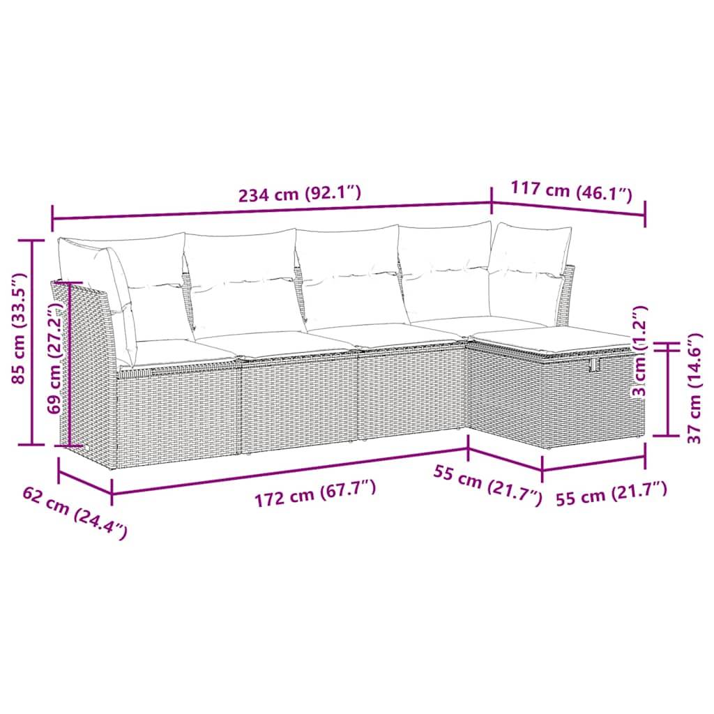 vidaXL 5-tlg. Garten-Sofagarnitur mit Kissen Beige Poly Rattan