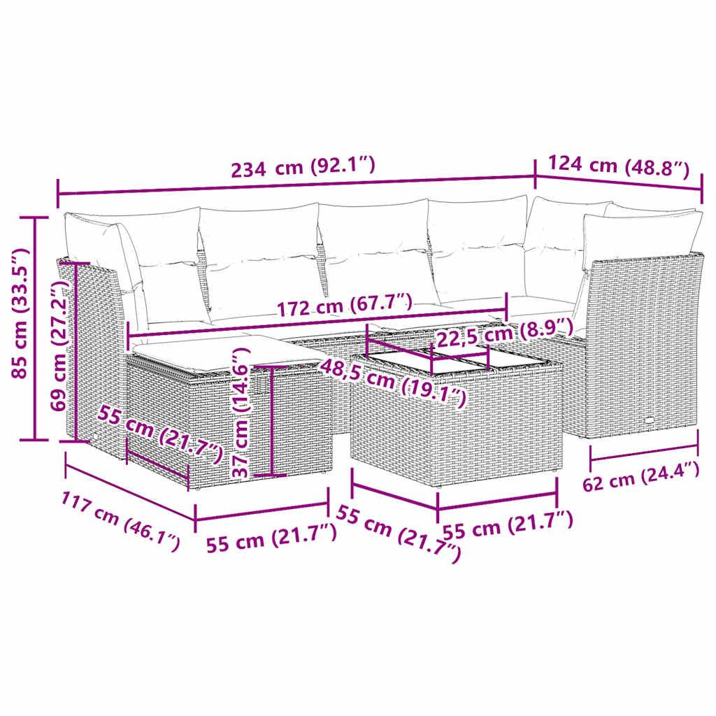 vidaXL 7-tlg. Garten-Sofagarnitur mit Kissen Schwarz Poly Rattan