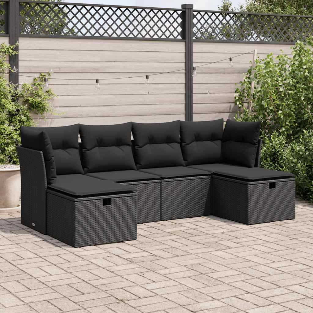 vidaXL 6-tlg. Garten-Sofagarnitur mit Kissen Schwarz Poly Rattan