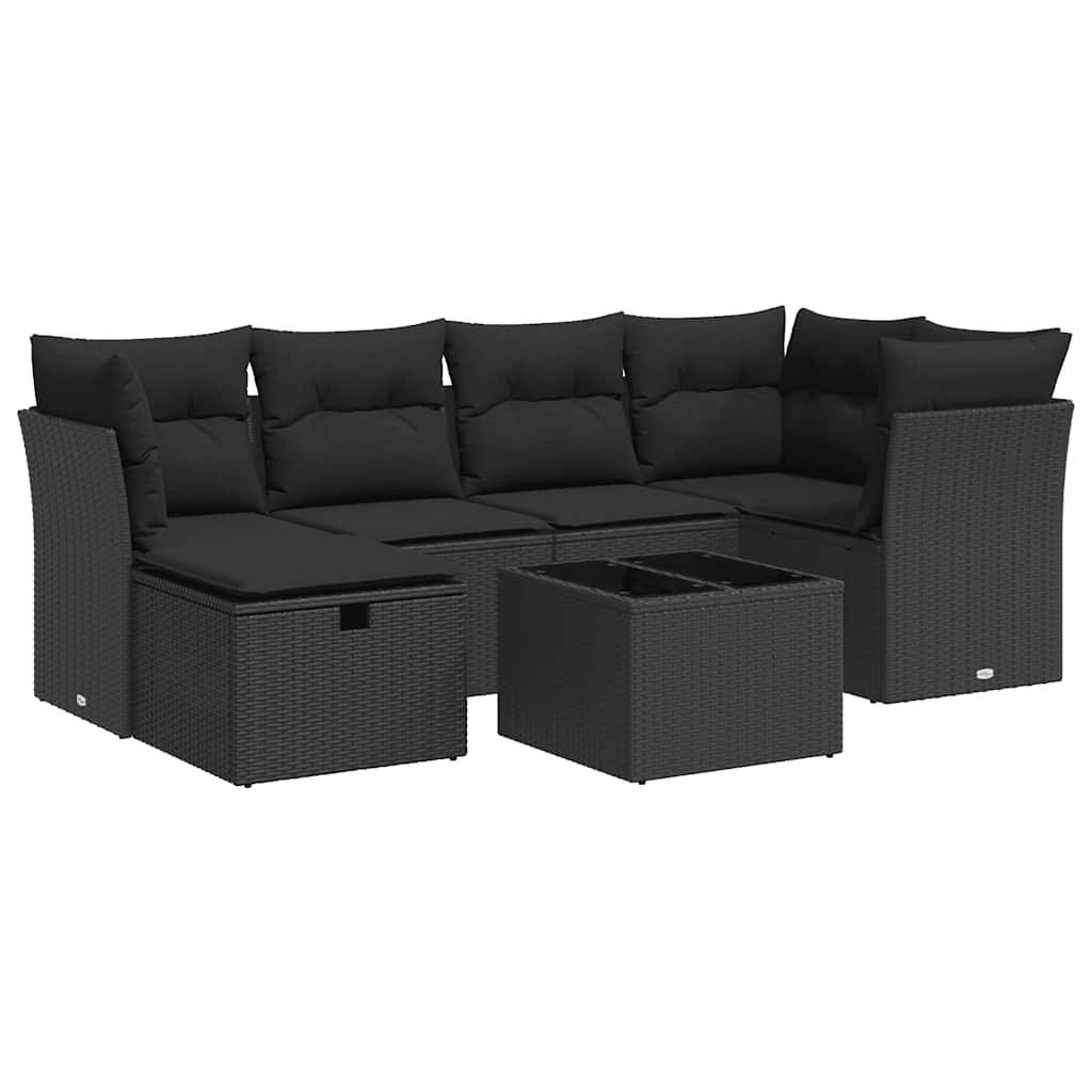 vidaXL 7-tlg. Garten-Sofagarnitur mit Kissen Schwarz Poly Rattan