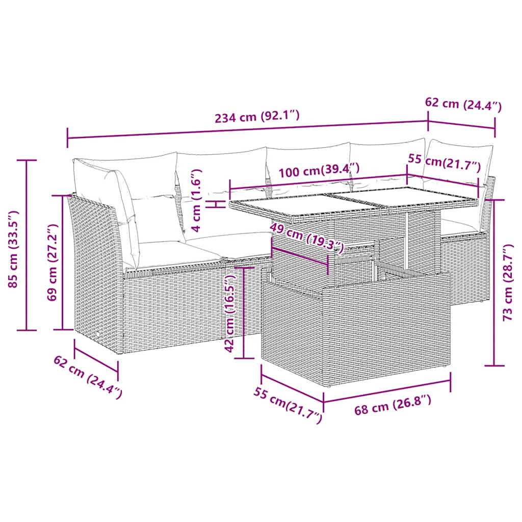 vidaXL 5-tlg. Garten-Sofagarnitur mit Kissen Schwarz Poly Rattan