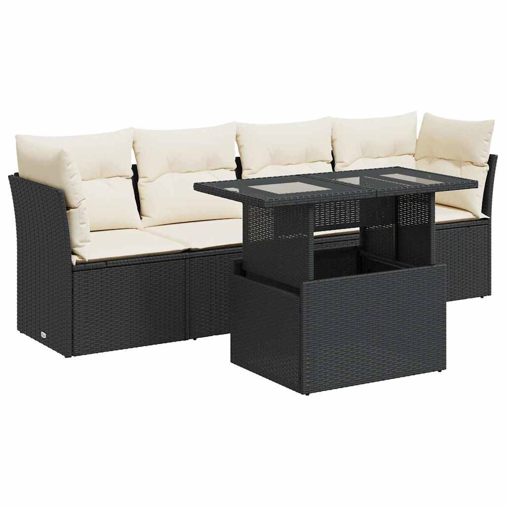 vidaXL 5-tlg. Garten-Sofagarnitur mit Kissen Schwarz Poly Rattan