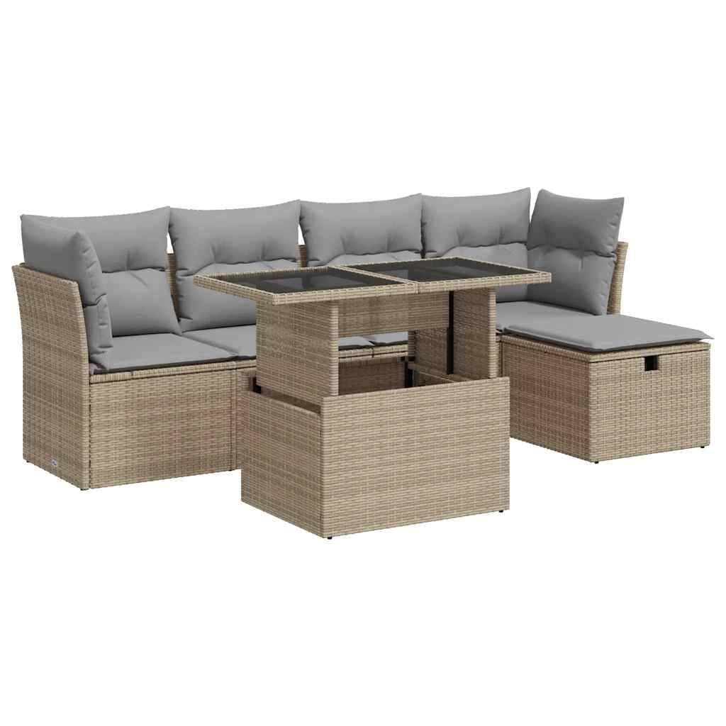 vidaXL 6-tlg. Garten-Sofagarnitur mit Kissen Beige Poly Rattan