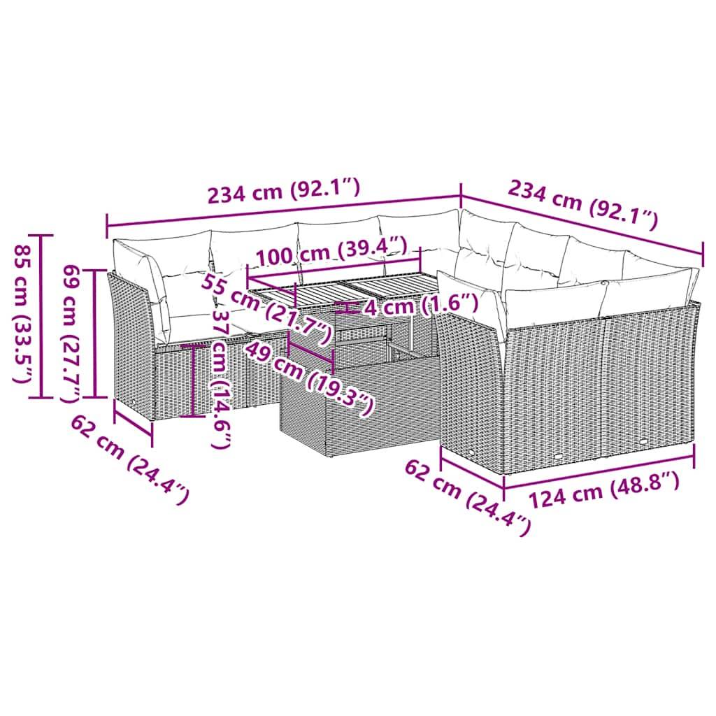 vidaXL 9-tlg. Garten-Sofagarnitur mit Kissen Grau Poly Rattan