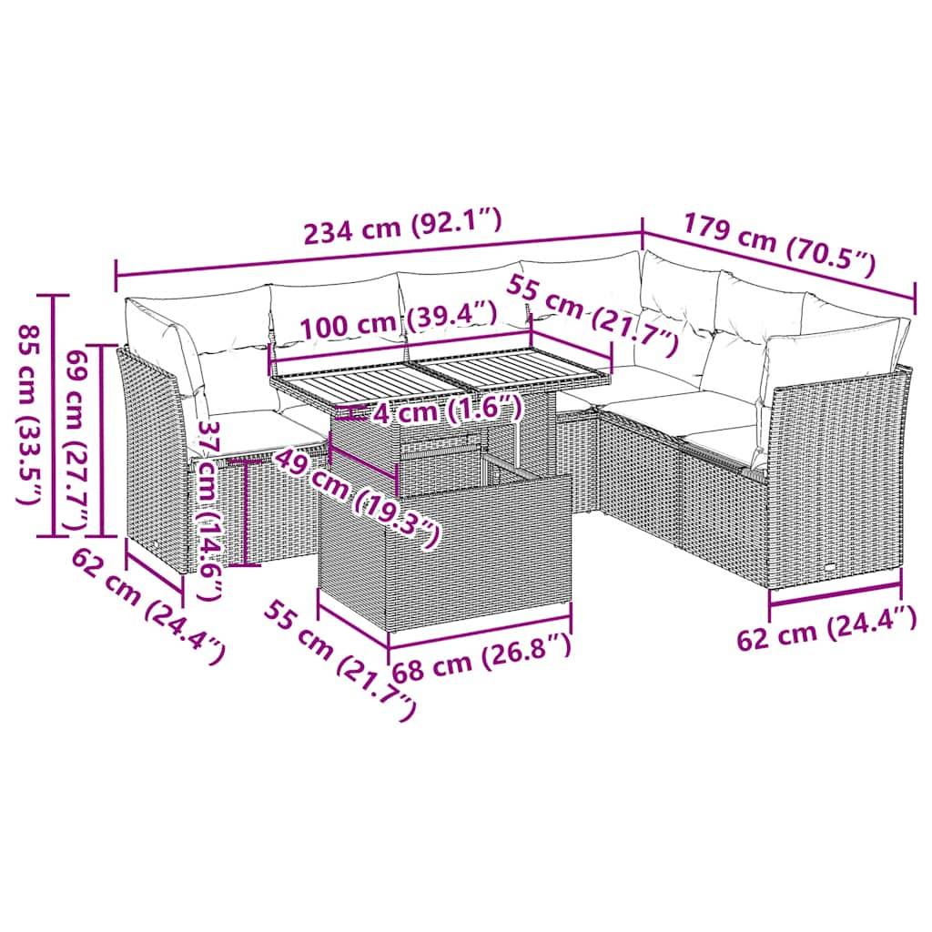 vidaXL 7-tlg. Garten-Sofagarnitur mit Kissen Schwarz Poly Rattan
