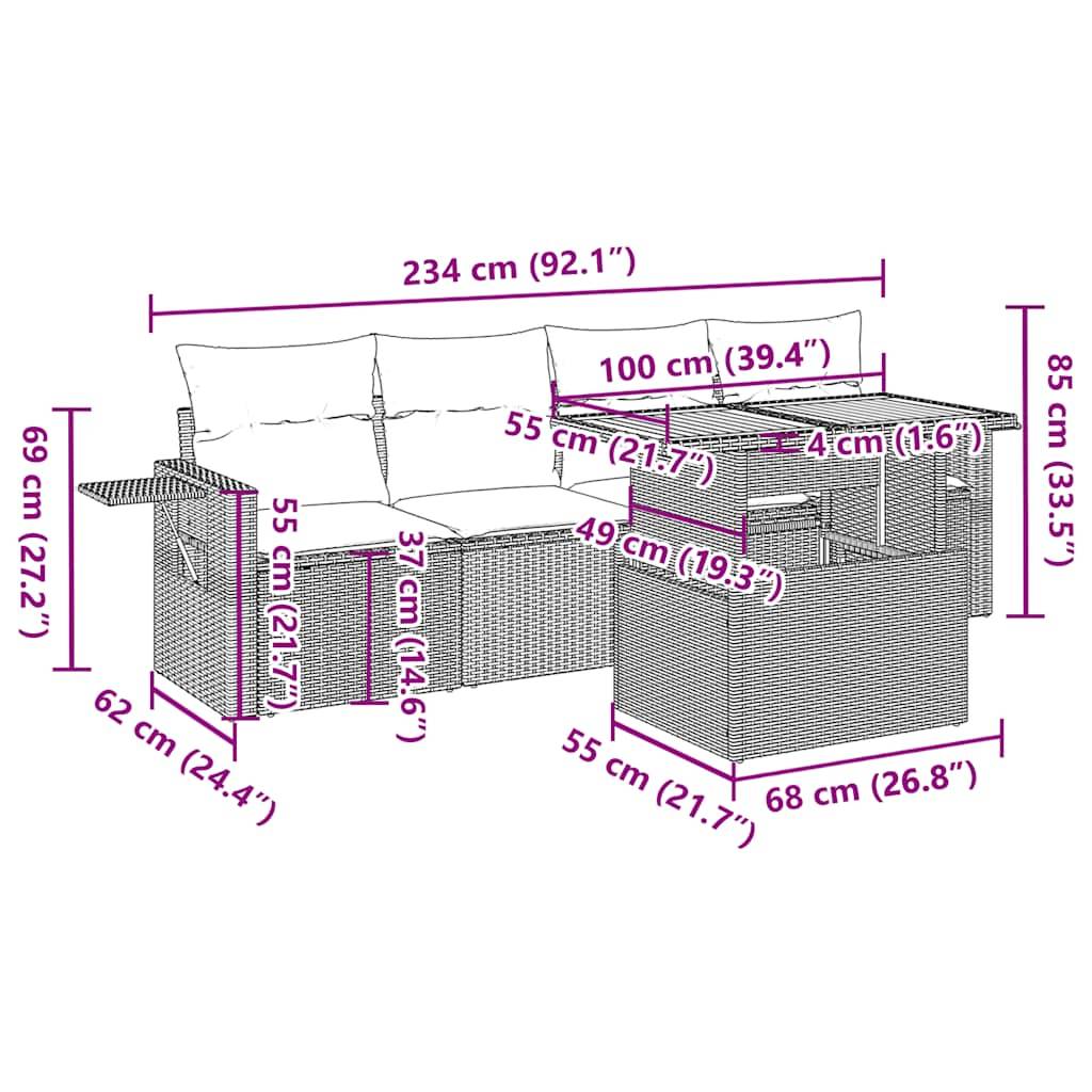 vidaXL 5-tlg. Garten-Sofagarnitur mit Kissen Beige Poly Rattan