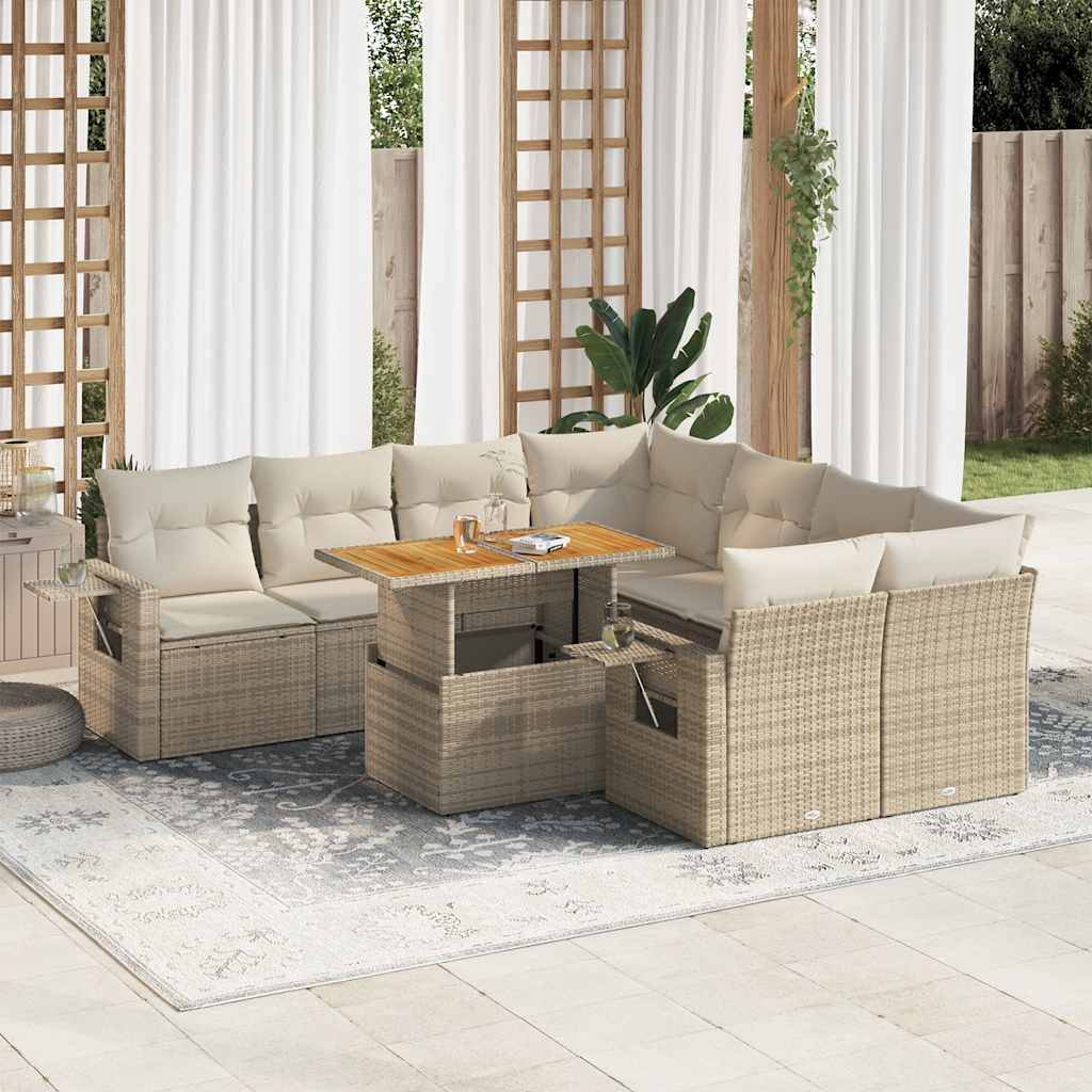 vidaXL 9-tlg. Garten-Sofagarnitur mit Kissen Beige Poly Rattan