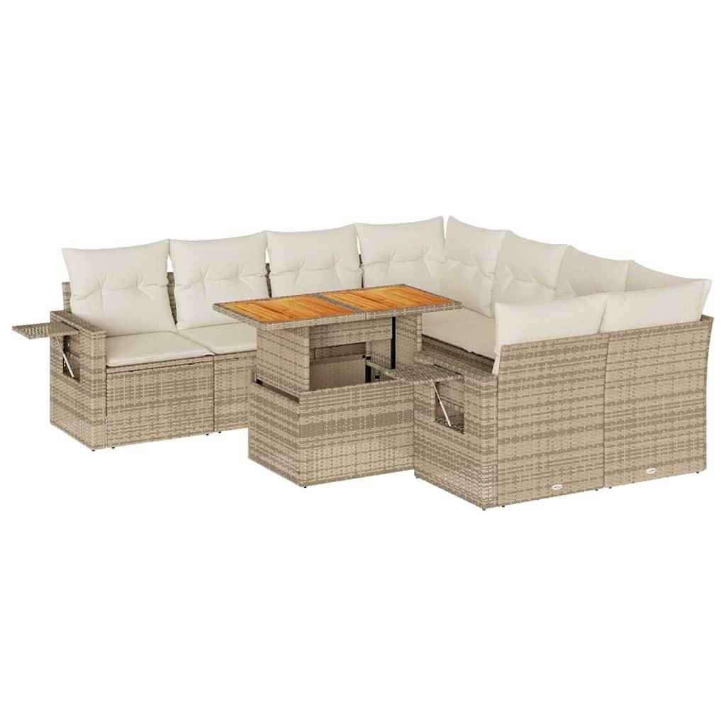 vidaXL 9-tlg. Garten-Sofagarnitur mit Kissen Beige Poly Rattan