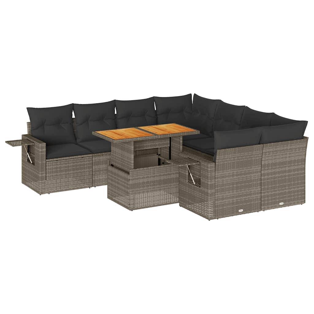 vidaXL 9-tlg. Garten-Sofagarnitur mit Kissen Grau Poly Rattan