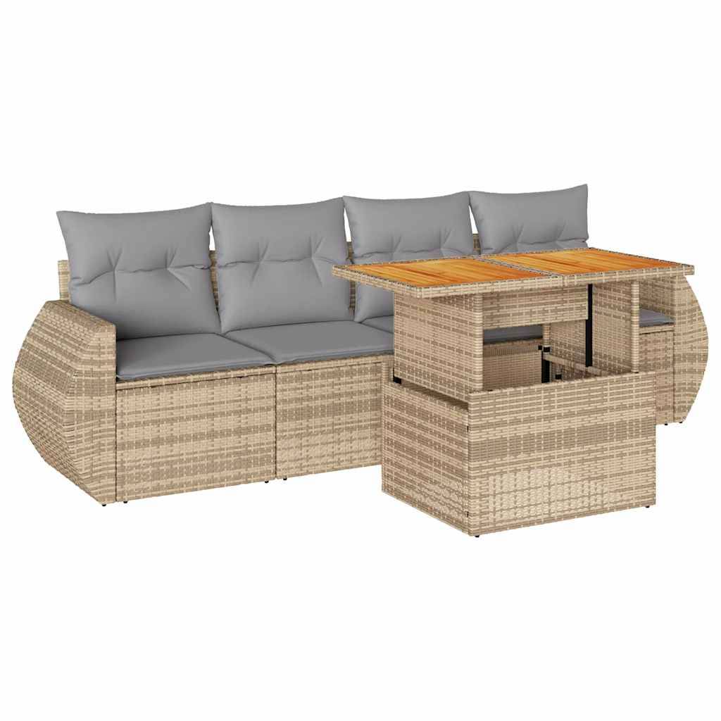 vidaXL 5-tlg. Garten-Sofagarnitur mit Kissen Beige Poly Rattan