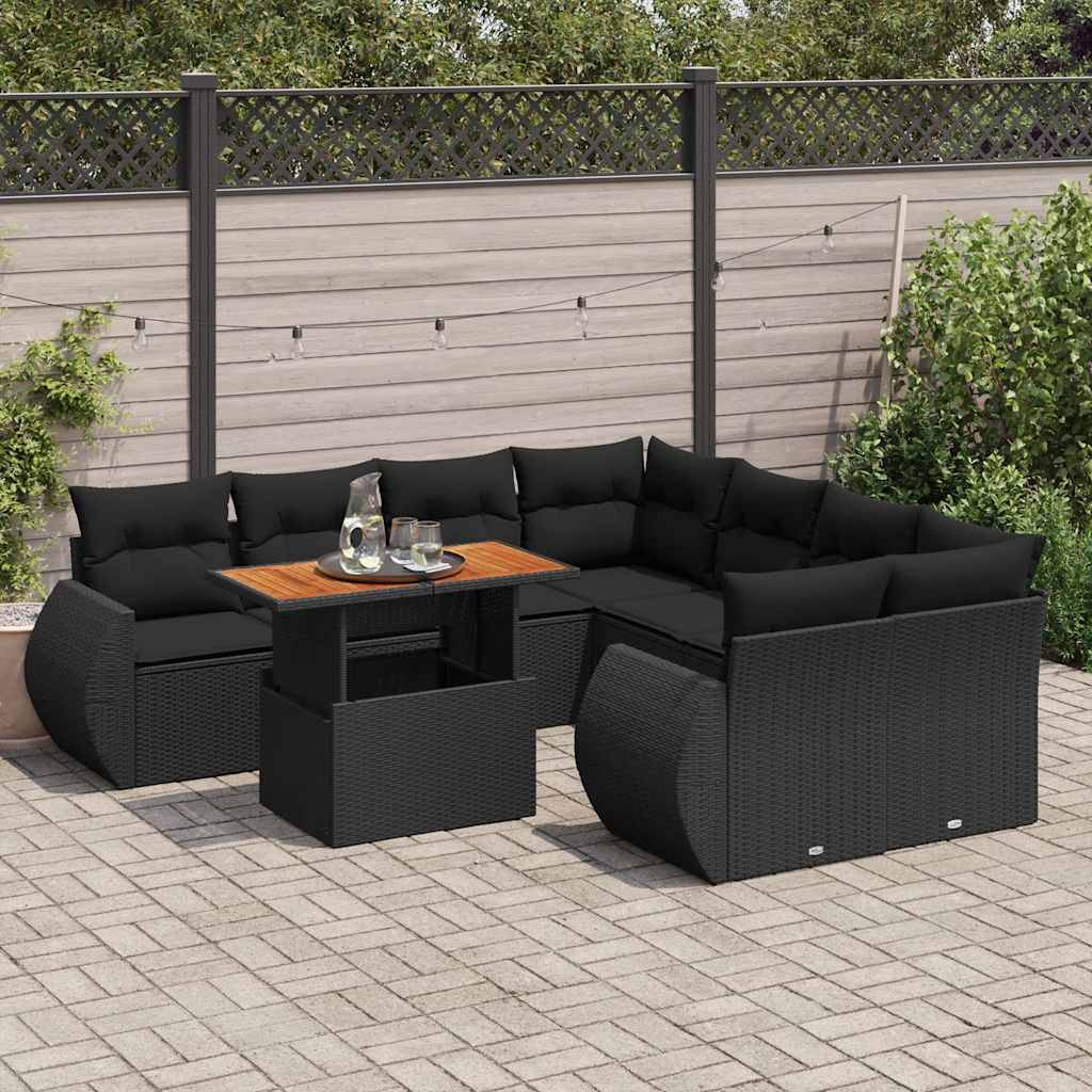 vidaXL 9-tlg. Garten-Sofagarnitur mit Kissen Schwarz Poly Rattan