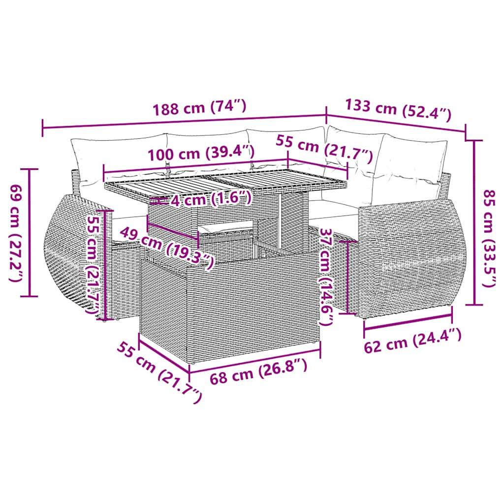 vidaXL 5-tlg. Garten-Sofagarnitur mit Kissen Schwarz Poly Rattan