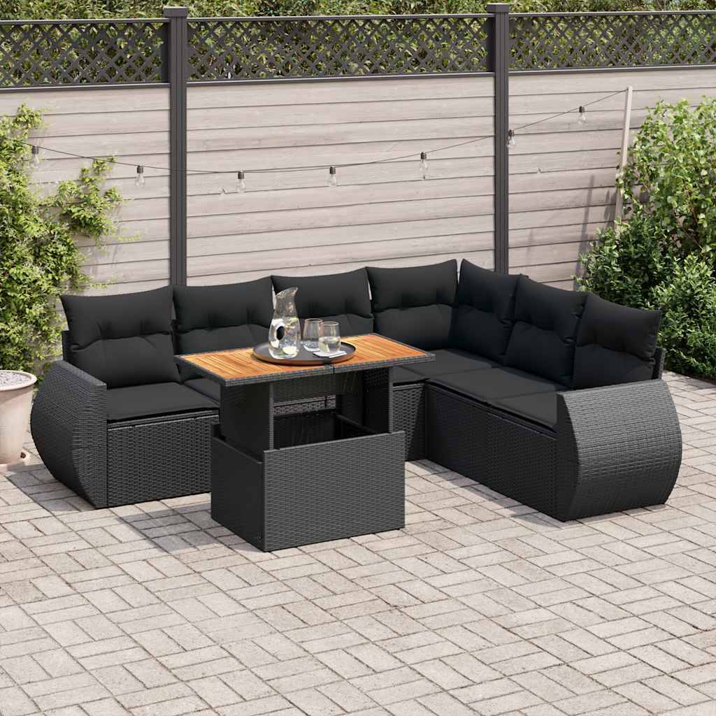 vidaXL 7-tlg. Garten-Sofagarnitur mit Kissen Schwarz Poly Rattan
