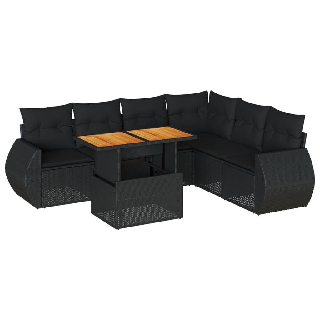vidaXL 7-tlg. Garten-Sofagarnitur mit Kissen Schwarz Poly Rattan