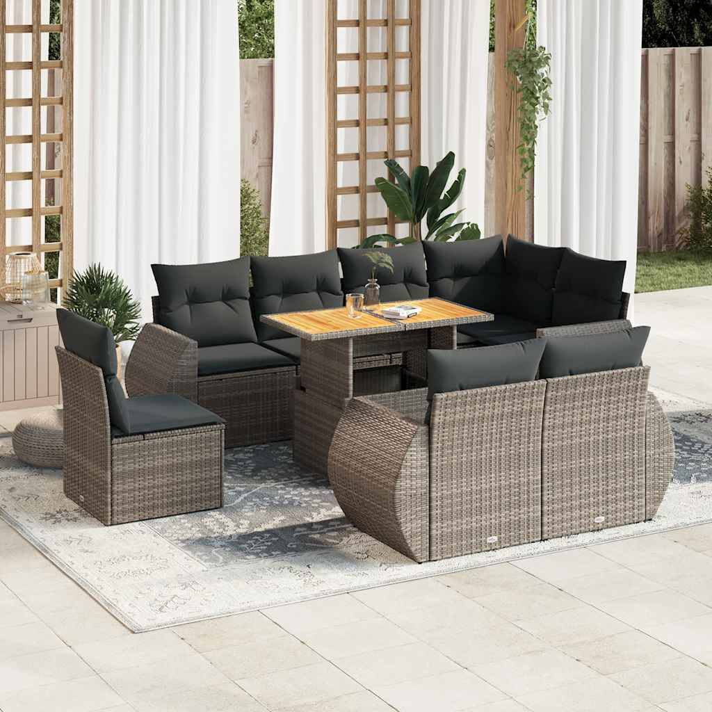 vidaXL 9-tlg. Garten-Sofagarnitur mit Kissen Grau Poly Rattan