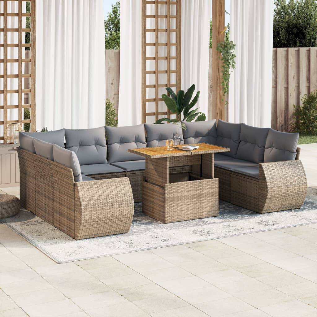vidaXL 10-tlg. Garten-Sofagarnitur mit Kissen Beige Poly Rattan