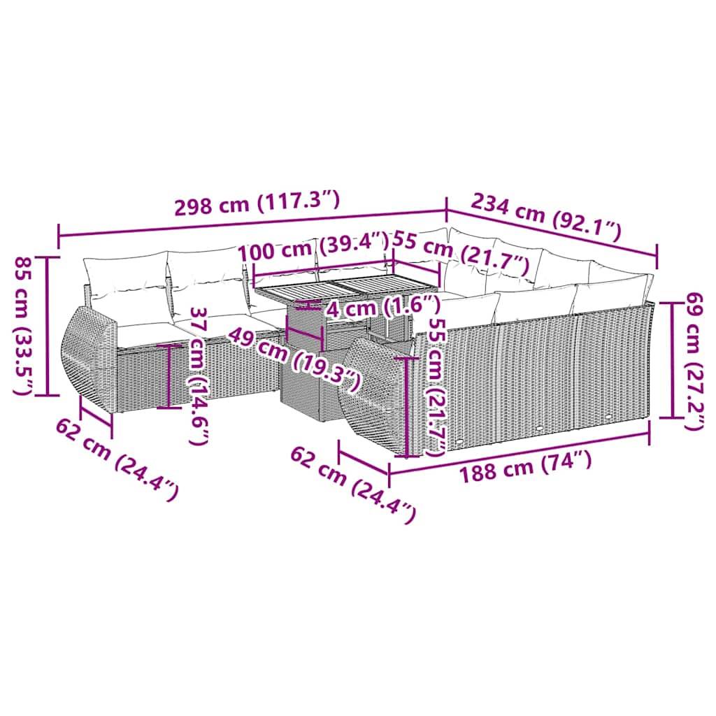 vidaXL 11-tlg. Garten-Sofagarnitur mit Kissen Schwarz Poly Rattan