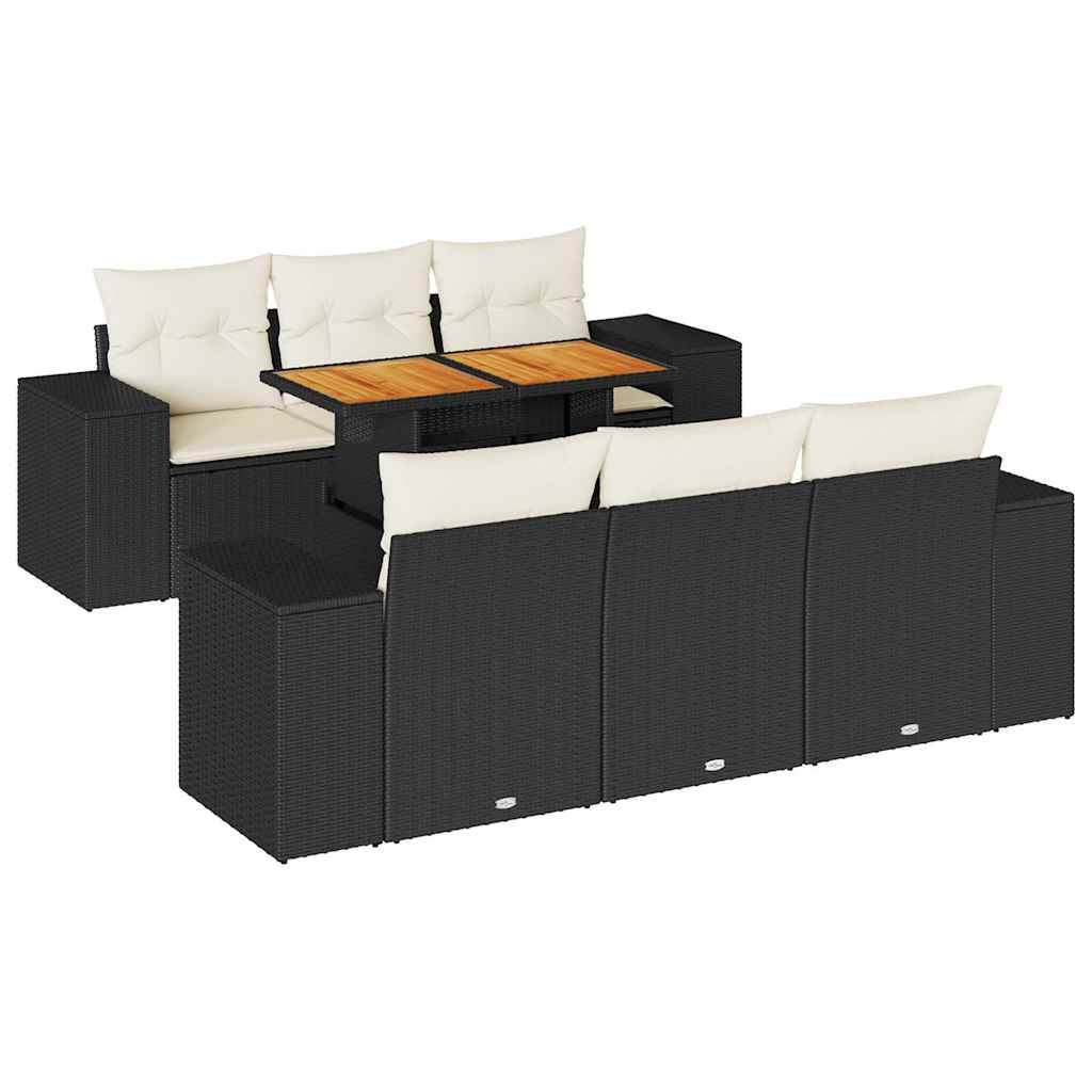 vidaXL 7-tlg. Garten-Sofagarnitur mit Kissen Schwarz Poly Rattan