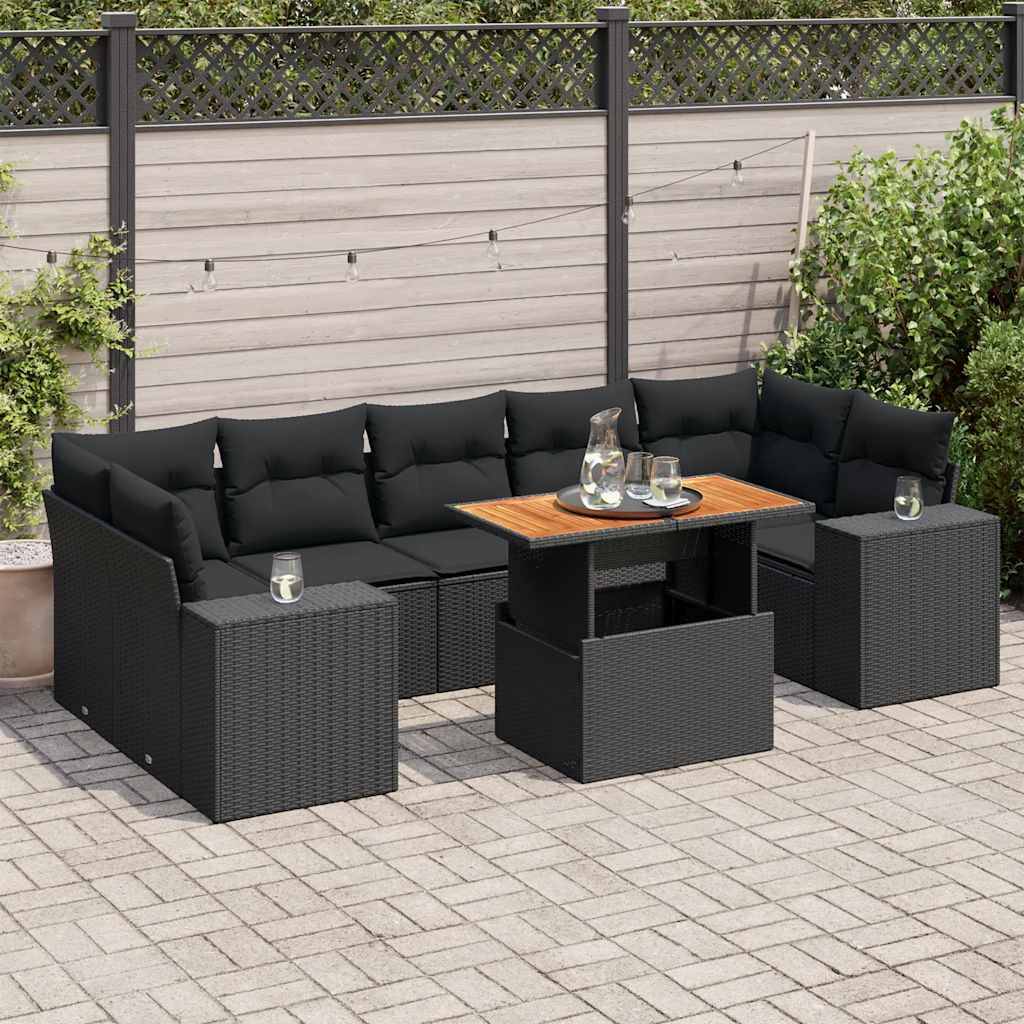 vidaXL 8-tlg. Garten-Sofagarnitur mit Kissen Schwarz Poly Rattan