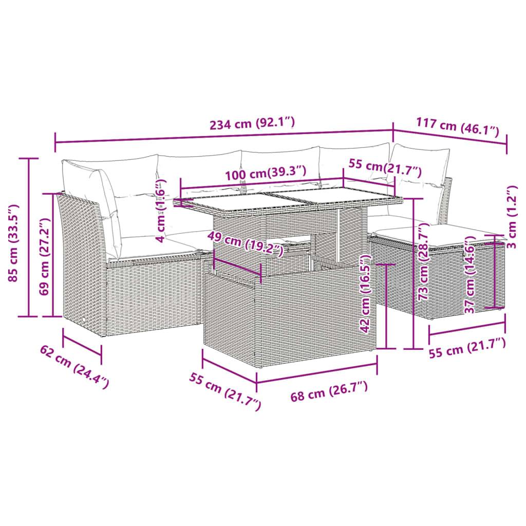 vidaXL 6-tlg. Garten-Sofagarnitur mit Kissen Schwarz Poly Rattan