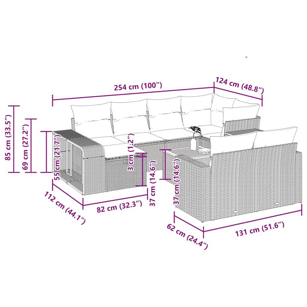 vidaXL 11-tlg. Garten-Sofagarnitur mit Kissen Schwarz Poly Rattan